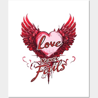 Red Love Never Fails T-Shirt - Vintage Winged Heart Painting Posters and Art